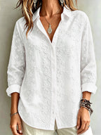 Women'S Vintage Loose Classic Shirt, Long Sleeve Lapel Embroidery Elegant Casual Office Commute Preppy Fashion All-Season Blouse - White