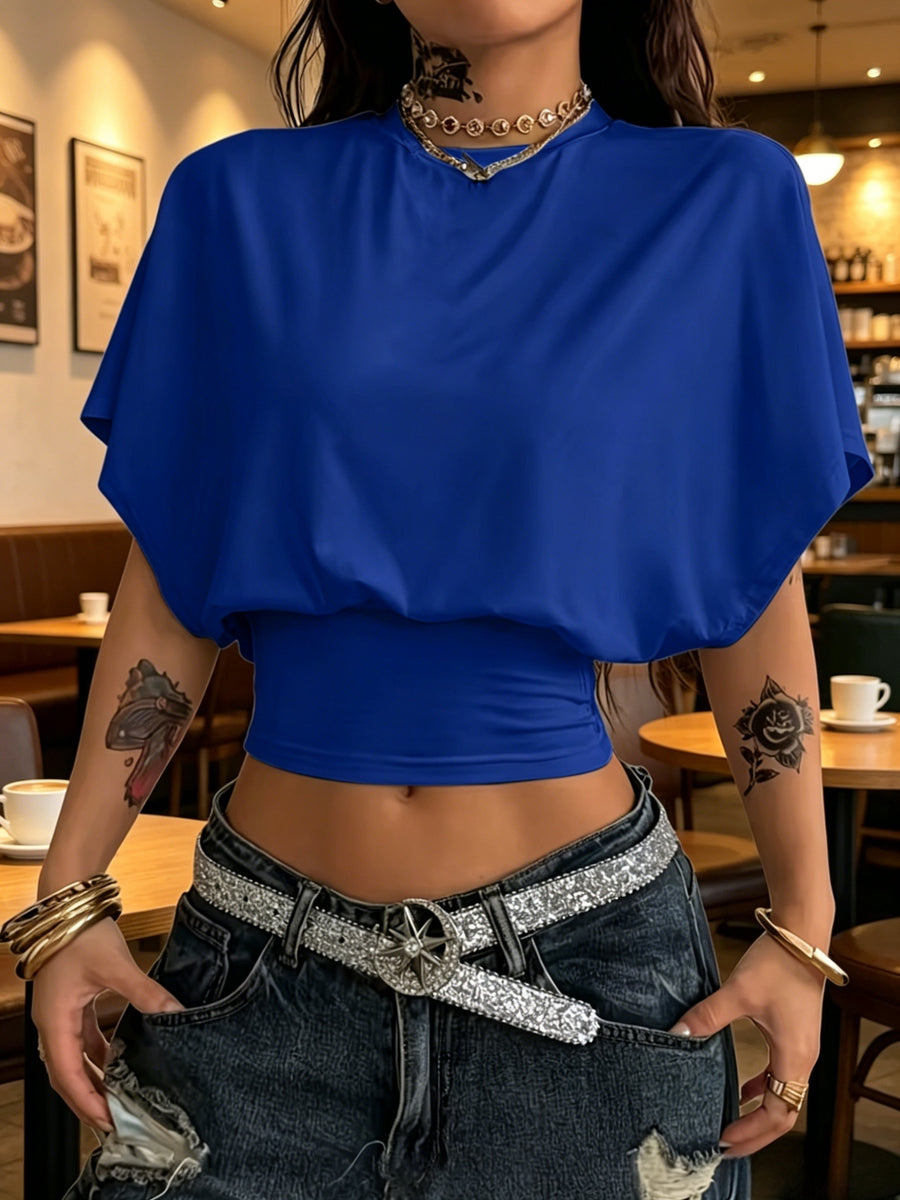 BK260403040 Women's Fashion Spring/Summer New Arrival, Stylish and Elegant, Solid Color No Print, Casual Versatile Waist-Cinching T-Shirt, Essential Basic Style—Suitable for Daily Spring/Summer Wear,, Beach, Vacation, and Home - Royal Blue