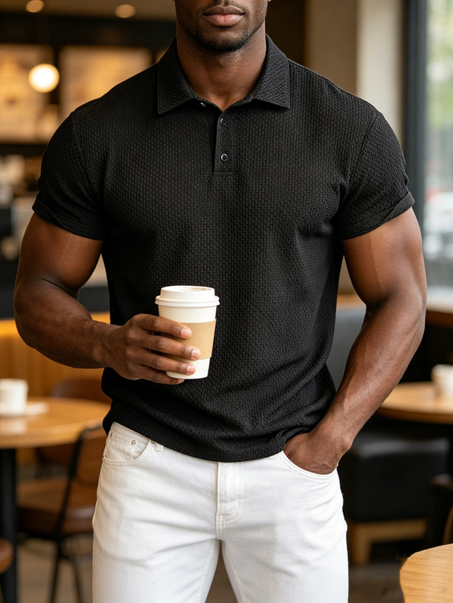 Men'S Solid Waffle Textured Polo Shirt, 3-Button Lapel Short Sleeve Breathable Casual Tee for Golf Business Beach Daily Summer Tops - Black