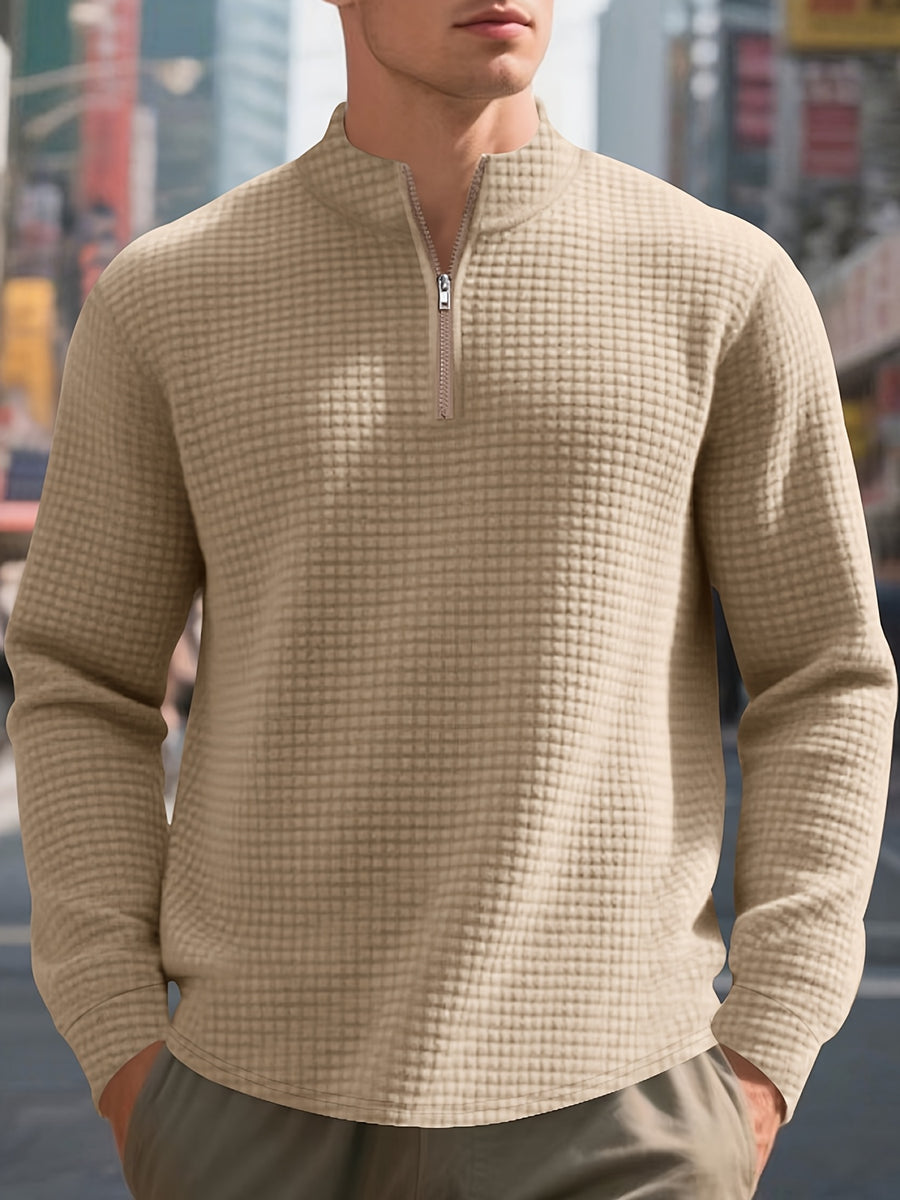 Men'S Four-Season Minimalist Casual Loose Jacquard Stand Collar Half-Zip Base Sweatshirt - Khaki