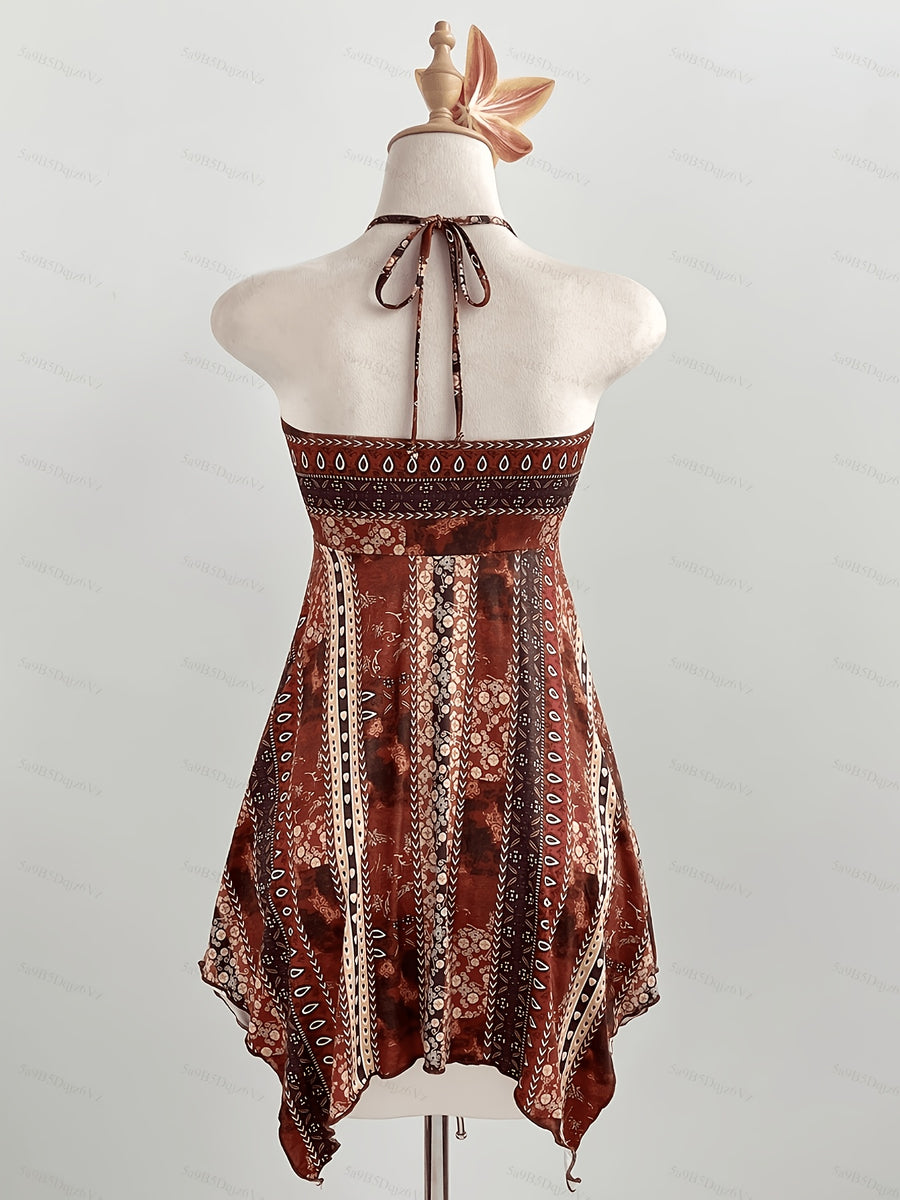 2026 Spring/Summer New Arrival: Elegant Printed Asymmetrical-Hem DressSexy, Short Beach Dress Featuring Spaghetti Straps and a Halter Neckline. with Its Irregular Hem, This Women's Party Dress Is Perfect for Both Dates and Casual Attire. - Multicolor