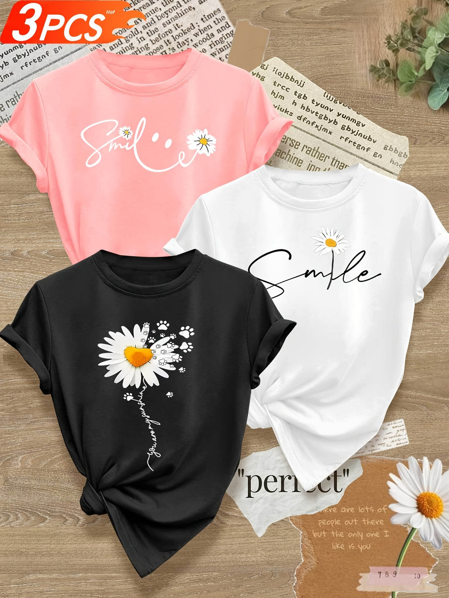 Smiling Letter Small Flower Series 3pcs Mixed Pack, Family Pack, Sisters Pack, Printed Fashion Vintage Style Women's Summer Casual Sporty Style Round Neck Short Sleeve T-Shirt, Multiple Colors Available, Sizes S-XXL - Pink Black And White
