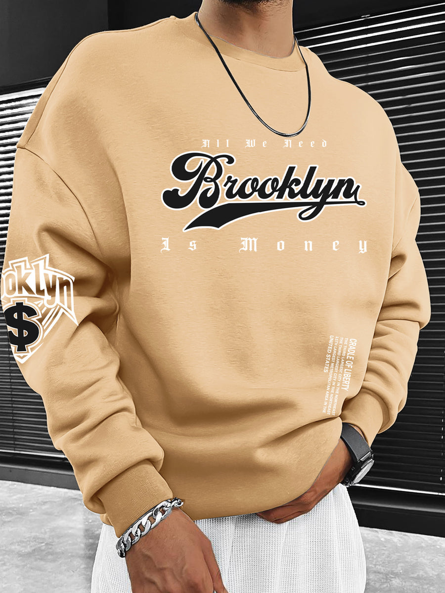 Men'S Fashion Casual "Brooklyn Victory" Letter Print Sweatshirt, Polyester Fabric, Loose Fit, Versatile Men'S Sweatshirt - ginger-colored