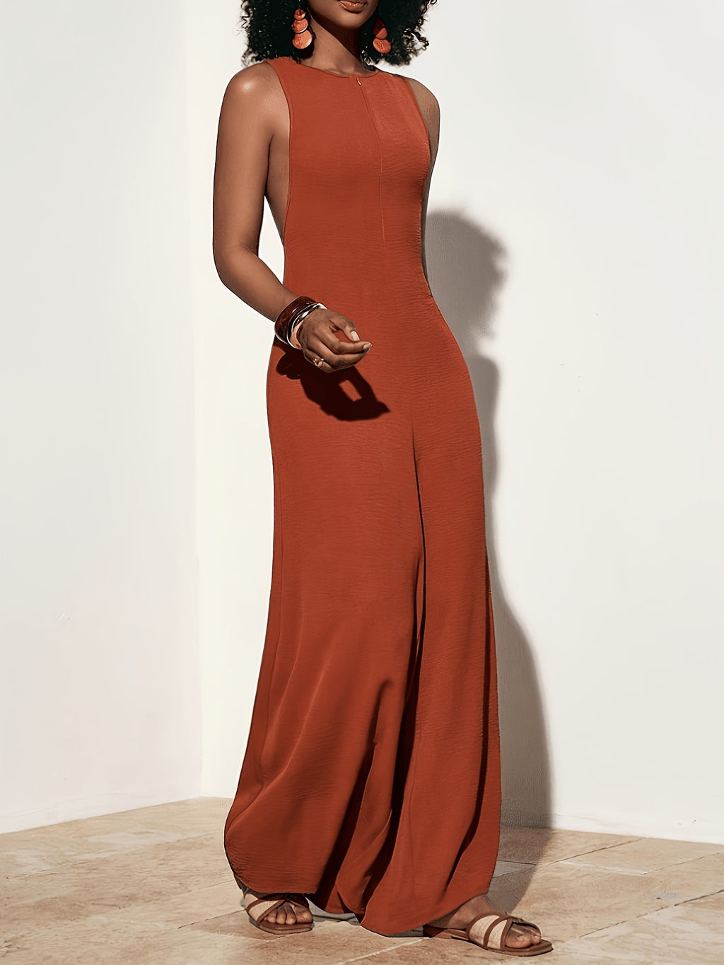 Women'S Elegant Orange-Red Round Neck Sleeveless Front-Middle Zipper Back Decor Rope Tie-Back Long Pants Spring Summer Women'S Wear Vacation Jumpsuit - Orange Red