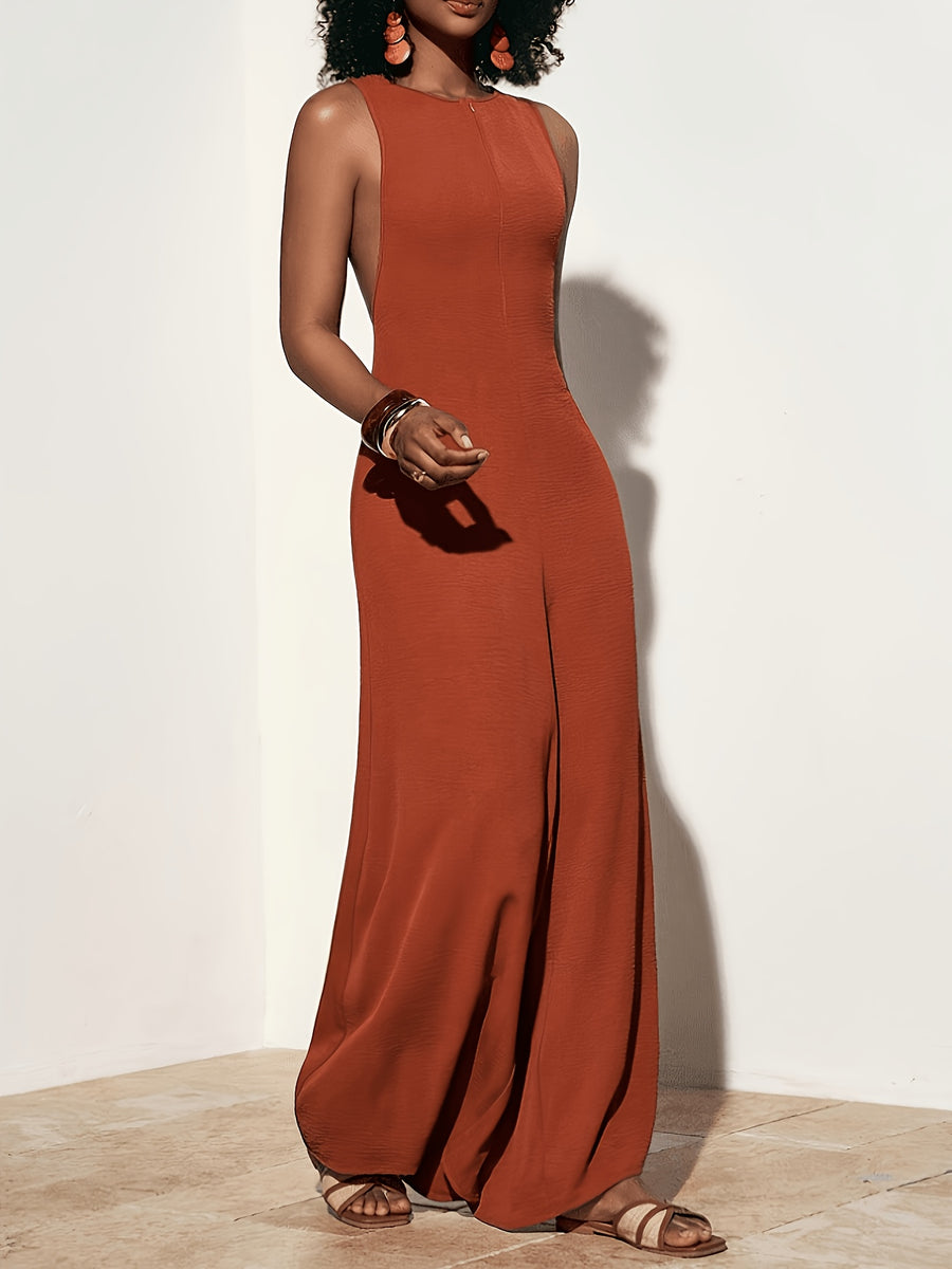 Women'S Elegant Orange-Red Round Neck Sleeveless Front-Middle Zipper Back Decor Rope Tie-Back Long Pants Spring Summer Women'S Wear Vacation Jumpsuit - Orange Red