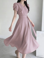 Women'S Belt Dress, Solid Color Loose Elegant Puff Sleeve V-Neck Tie-Waist A-Line Midi Dress - Lightweight Breathable Summer Commute And Party Dress, Suitable for Wedding Guest, Party Or Summer Outfit, Casual Commute - Light Purple