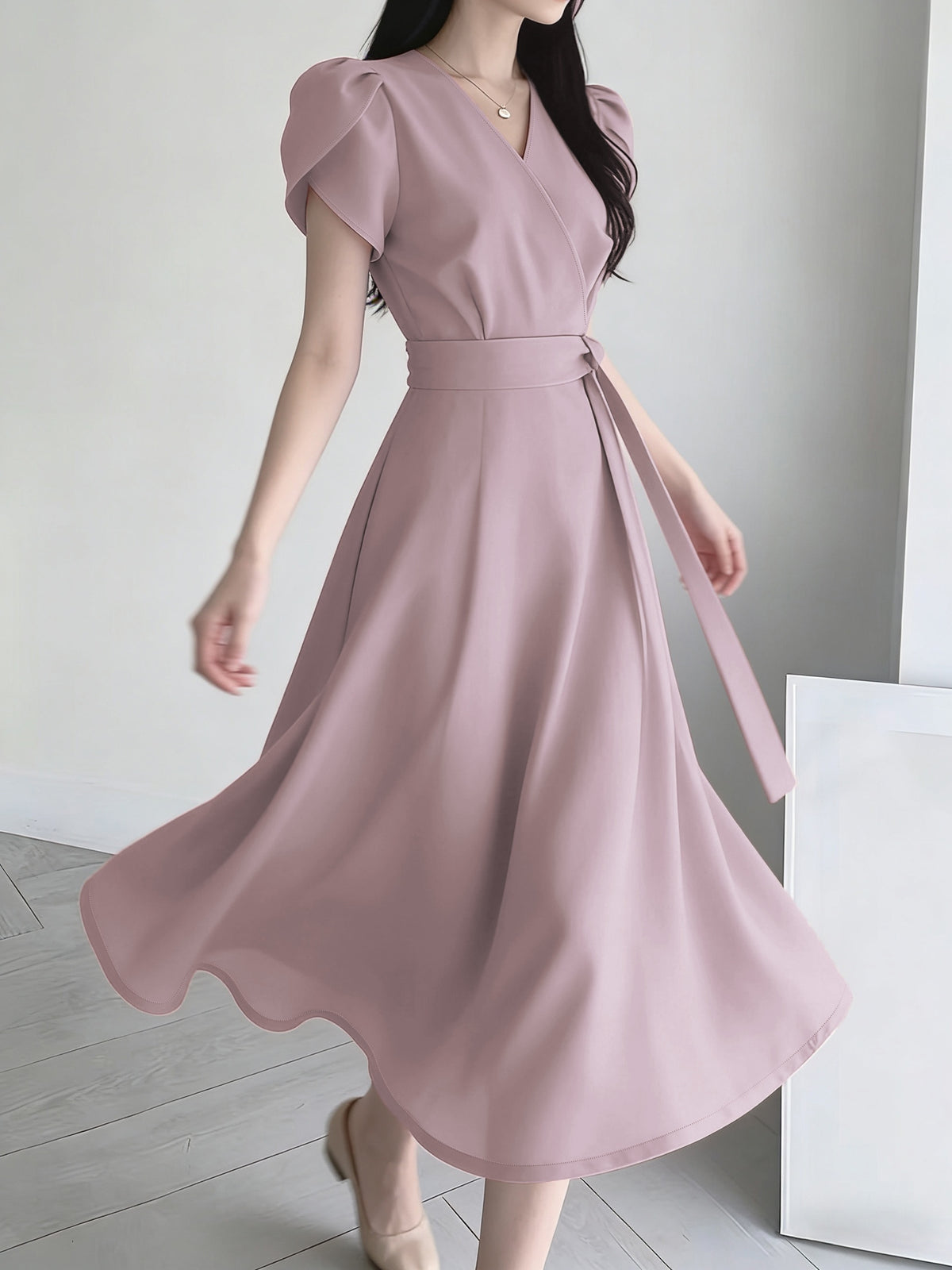 Women'S Belt Dress, Solid Color Loose Elegant Puff Sleeve V-Neck Tie-Waist A-Line Midi Dress - Lightweight Breathable Summer Commute And Party Dress, Suitable for Wedding Guest, Party Or Summer Outfit, Casual Commute - Light Purple