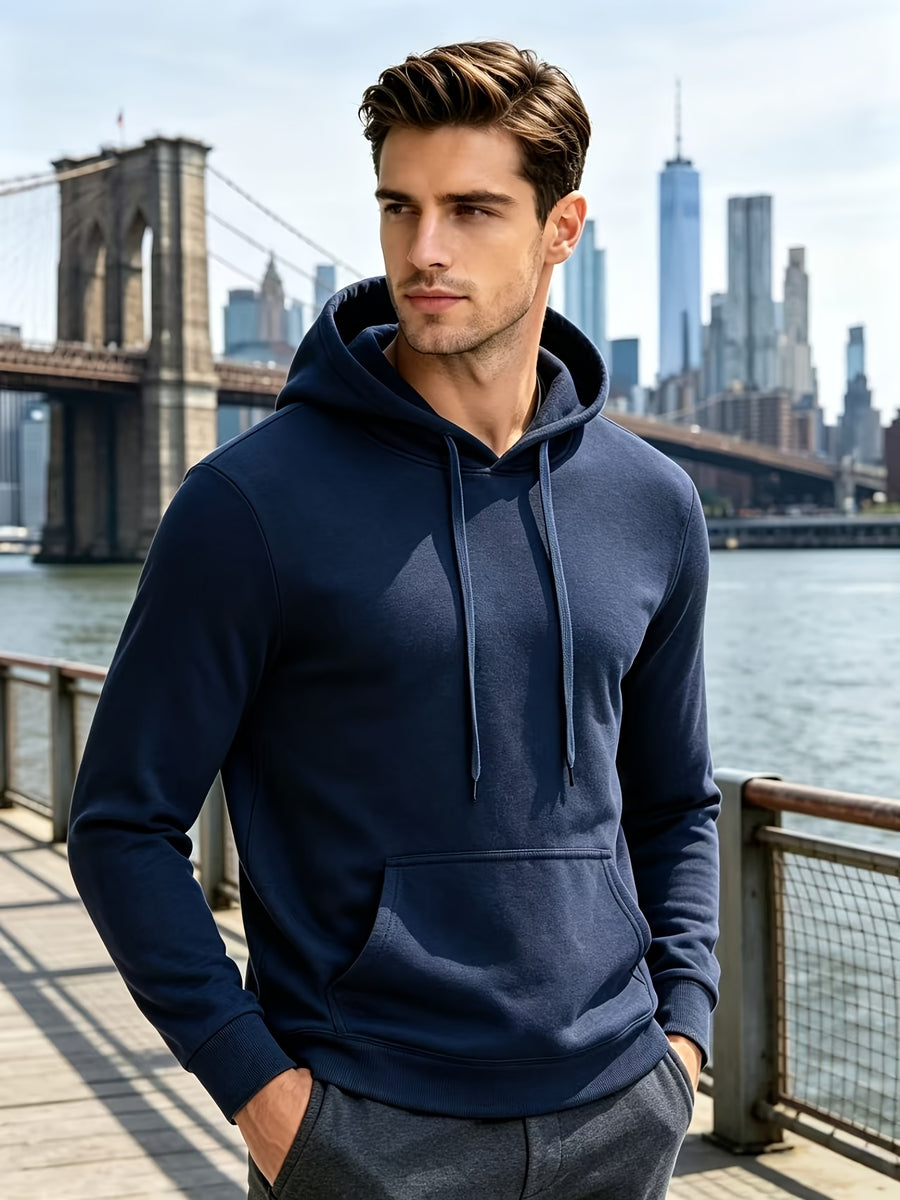 Solid Color Hooded Sweatshirt for Men, Sporty Casual Pullover, Solid Color Long-Sleeve Jacket, Simple and Versatile Warm Top - Navy Color
