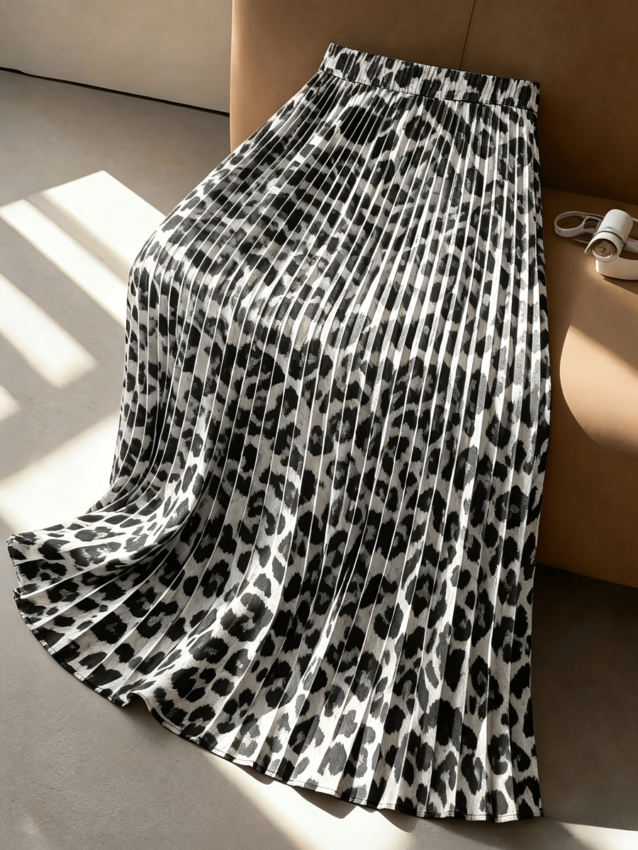 Women's Leopard Print Pleated A-Line Skirt with Elastic Waistband - Elastic Waistband Suitable for Spring, Summer, and Autumn, Machine Washable Non-sheer Skirt, Ideal for Both Casual and Formal Wear - Silvery Grey