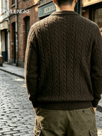 FORLENGKE Autumn Winter Men'S Henley Collar Half-Button Cable Knit Top Vintage Street Style 3D Twist Knit Long Sleeve Sweater Loose Slimming Casual Versatile Inner Wear Outer Wear Pullover Shirt - Coffee Color