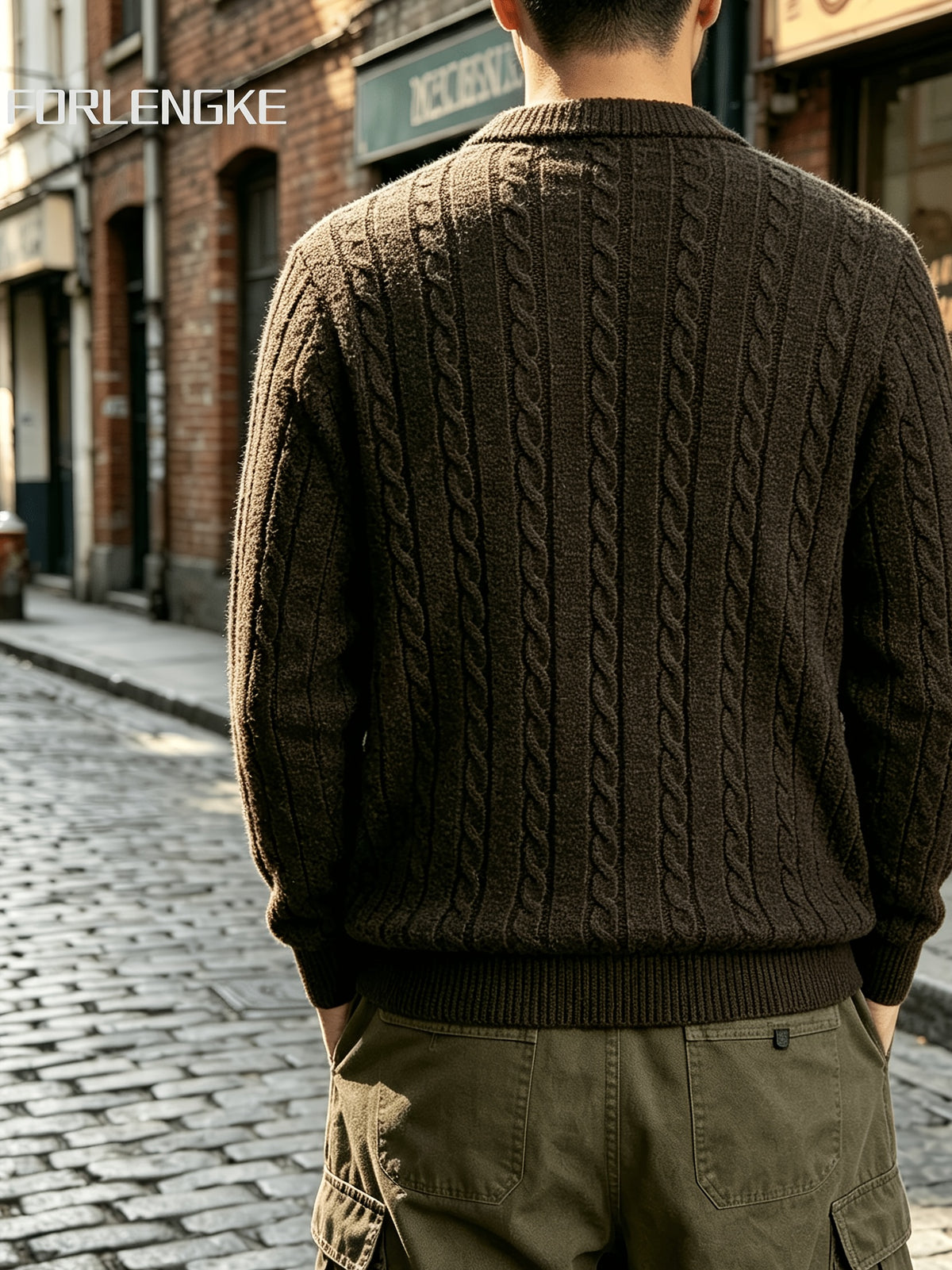 FORLENGKE Autumn Winter Men'S Henley Collar Half-Button Cable Knit Top Vintage Street Style 3D Twist Knit Long Sleeve Sweater Loose Slimming Casual Versatile Inner Wear Outer Wear Pullover Shirt - Coffee Color