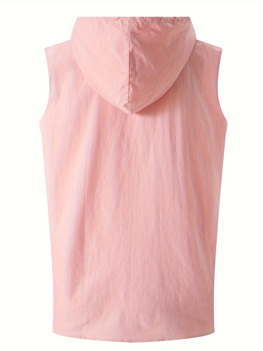 Men'S Solid Color Sleeveless Fashion Sports Hooded Top - Pink Color