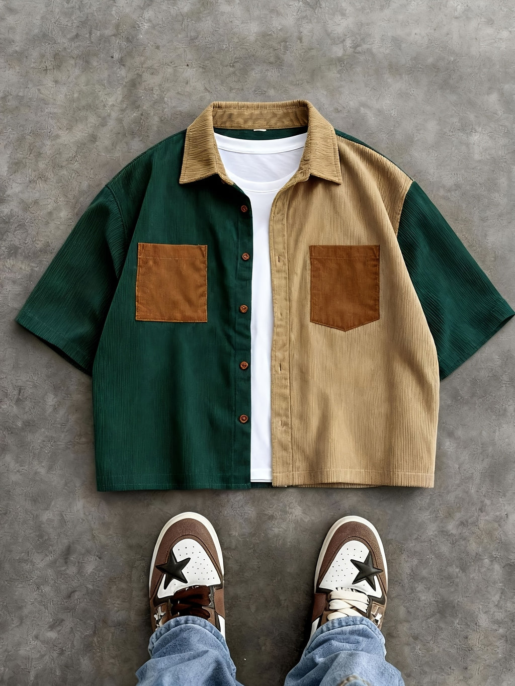 Retro Short Sleeve Contrast Corduroy Shirt Men'S Green Brown Color-Block Design Niche Super Eye-Catching, Corduroy Fabric, Soft And Skin-Friendly Breathable, Lapel Double-Pocket Detail - Dark Green