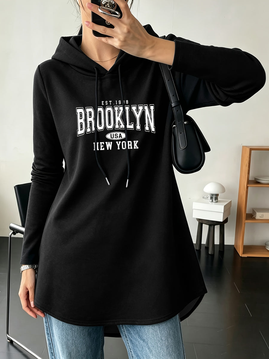 Mid-Length Hooded Sweatshirt for Women, Loose Hip-Covering Letter Print Drawstring Pullover Top - Black