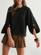 Women'S Round Neck Batwing Sleeve Pullover Sweater, Autumn Casual Regular Soft Solid Short Length 3/4 Sleeve Top, Side Slit Button Detail Daily Commute Base Layer (Prefer Loose Fit, Recommended Size Up) - Black