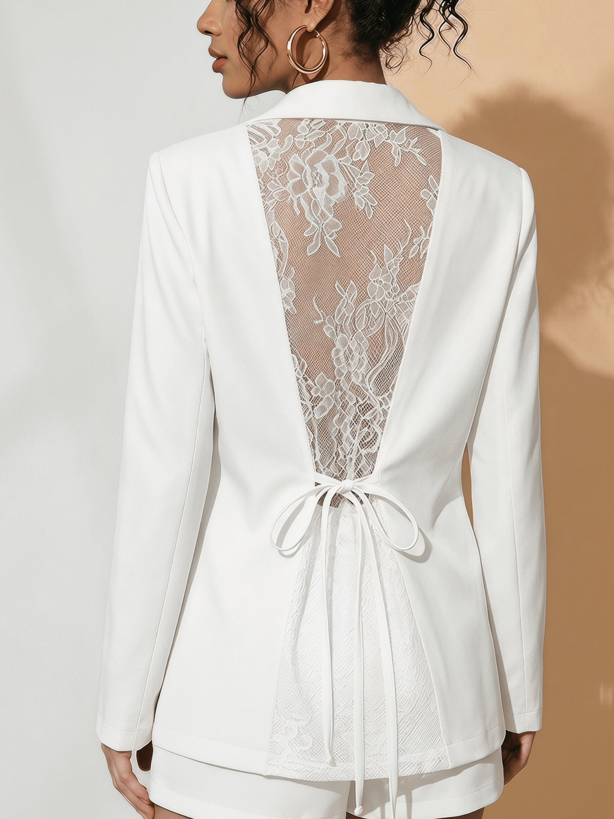 Western Style Blazer with Lace Patchwork, Elegant Temperament Tie-Up Design - White