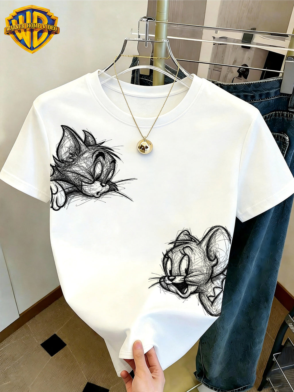 WB Women's Warner Bros. Licensed Two-Cartoon T-Shirt - Messy Sketch Line Print Crew Neck Short-Sleeve Top with Iconic WB Suitable for Casual Daily Wear,, Office & Outfits - White