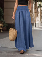 3119# Solid Color Elastic Waist Flared Midi Skirt, Commute Style Long Half Skirt for Outings, Shopping, All-Season Wear - Navy Color