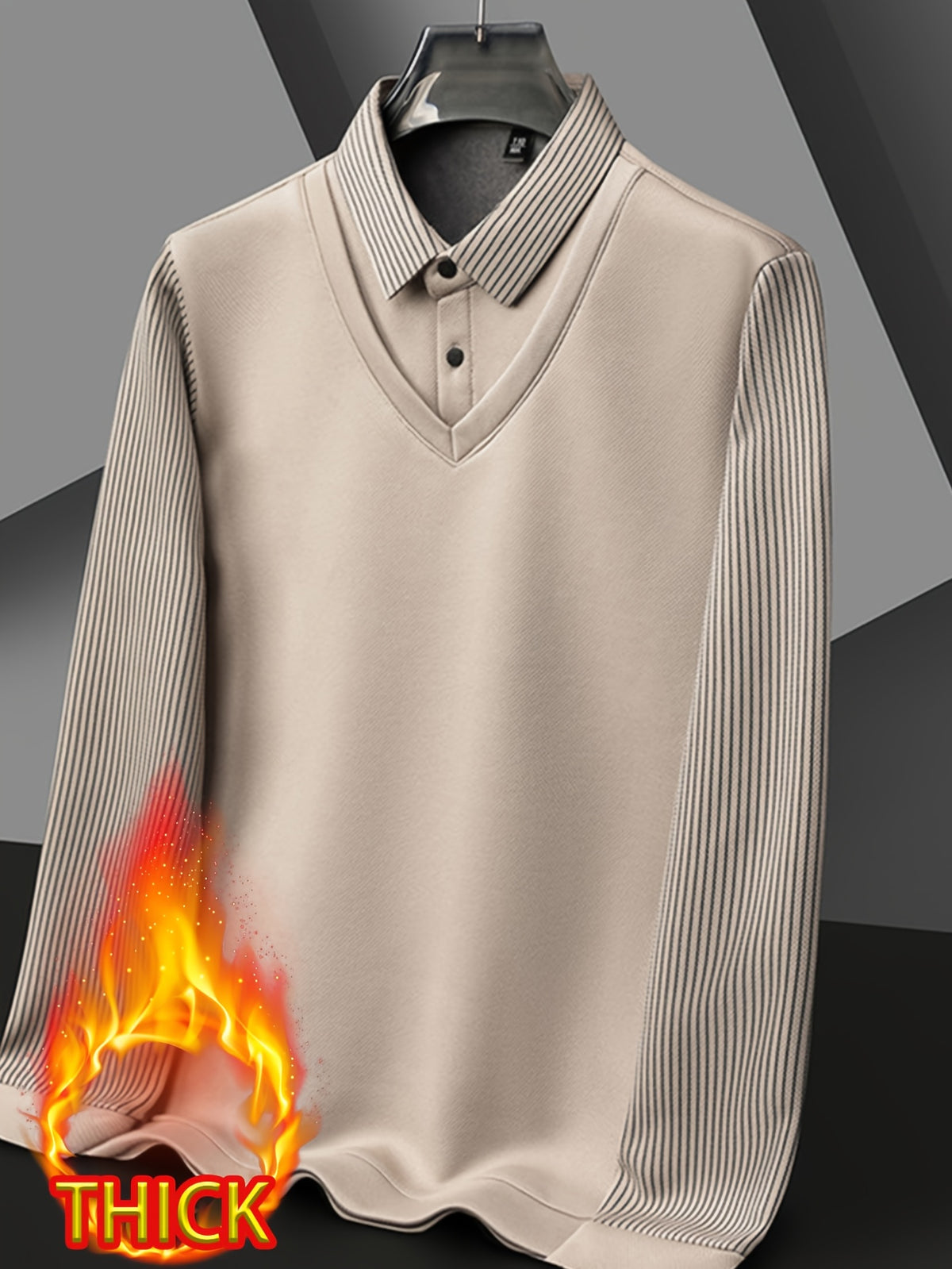 Autumn/Winter Men's 2-in-1 Look Shirt Collar Top with Striped Sleeves, Thick and Warm, Well-Fitted Cut, Versatile Pullover for Commuting - Khaki 1