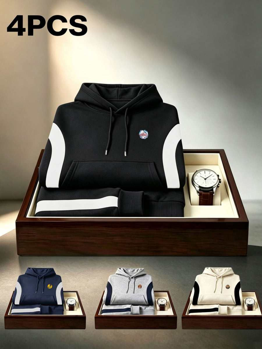 4pcs 2026 Autumn/Winter Men's Streetwear Casual Pullover Hoodie with Contrast Color Lines, Diagonal Cut, Long Sleeves, Skin-Friendly, Warm, Drawstring, Large Pocket Sweatshirt - Apricot + Navy Blue + Gray + Black