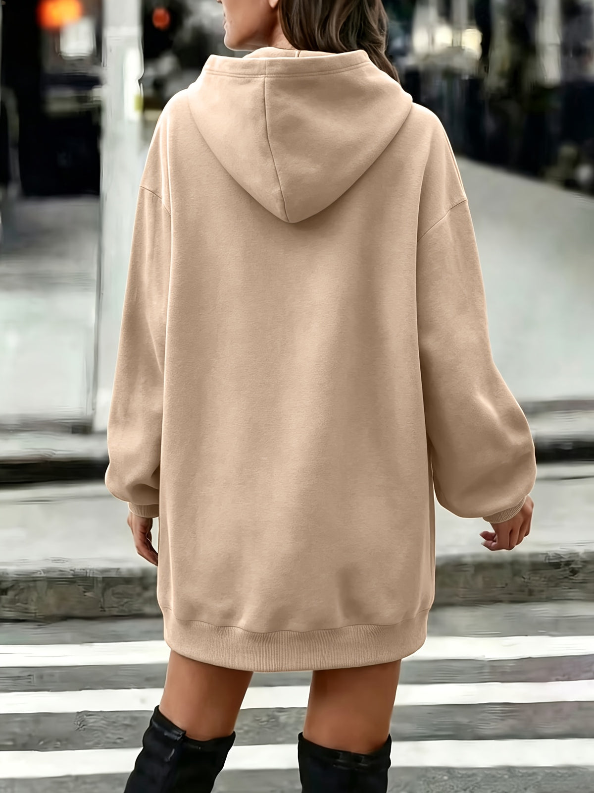 Long Hooded Sweat Dress Women'S Autumn Winter Thickened Fleece Top Women'S Versatile Loose Casual Long Sleeve Hoodie - Khaki