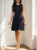 Summer Fashion Elegant Women'S Sleeveless Round Neck Metallic Button Embellished Waist-Cinching A-Line Short Dress, Suitable for Daily Casual And Couple Dates - Navy Color