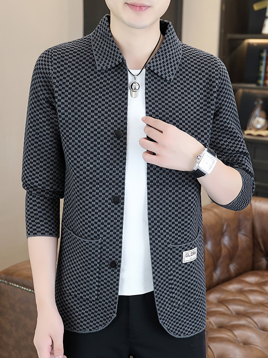 Du Jing Lan OBM Men's Autumn/Winter New Arrival Knitted Cardigan, Old Money Style Contrast Color Lapel Pocket Open Front Single-Breasted Knit Cardigan, Men's Business Casual Fashion Open Front Knit Cardigan Top, Contrast Color Checkered Design - Deep Gray