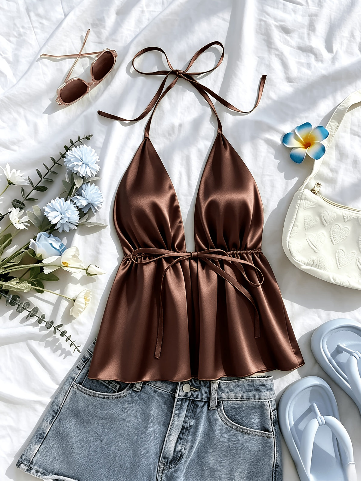1pc Solid Color Spring Summer Beach Vacation Casual Satin Ruffled Cami Top - Coffee Brown