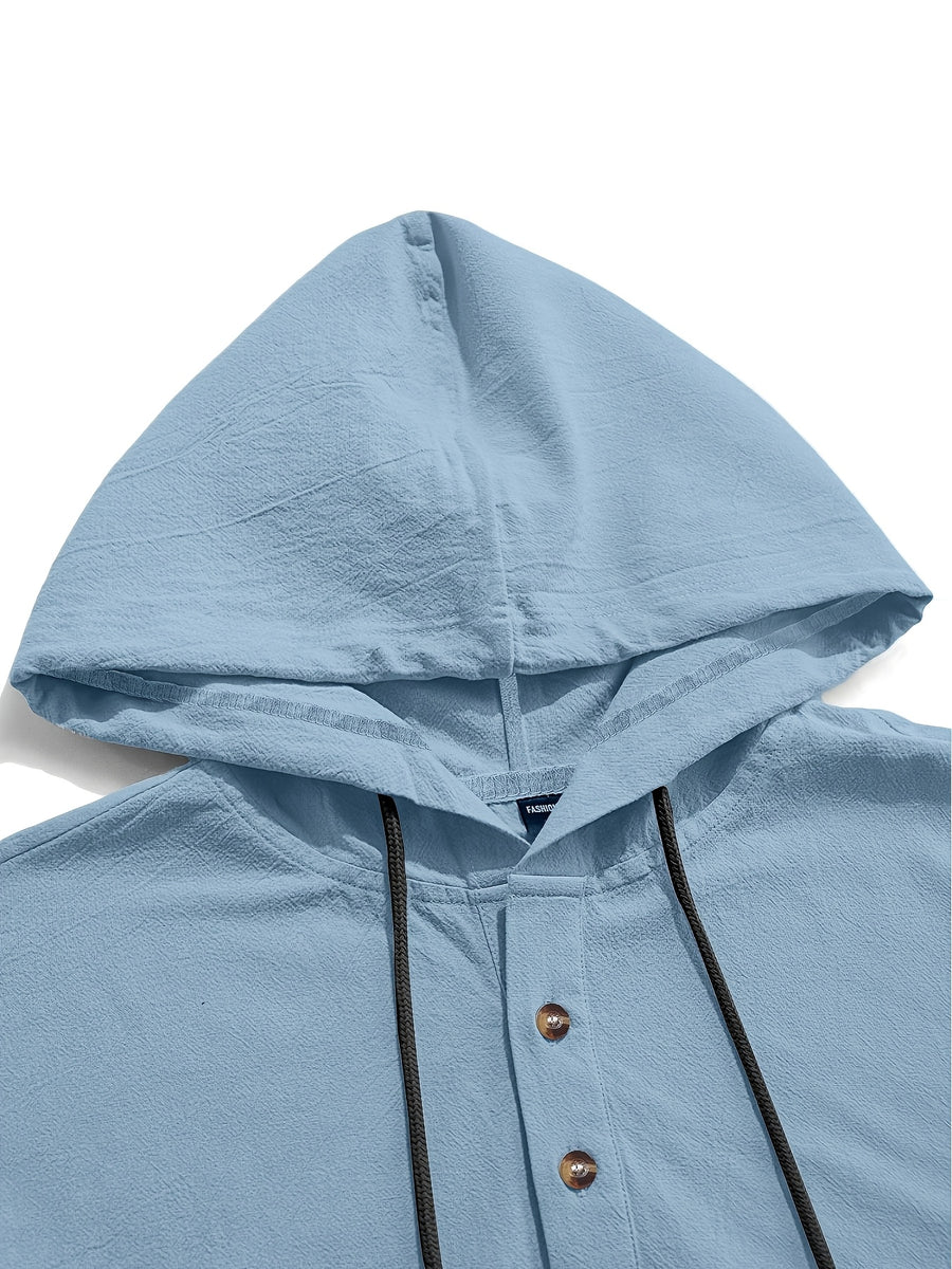 2pcs Men'S Linen-Like Hooded Henley Long Sleeve Sweatshirt Set, Breathable Thin Solid Color Half-Open Placket Casual Pullover Henley Shirt, Soft Comfortable Textured Fabric Fresh And Non-Stuffy, Loose Slimming Versatile Fit - 2pcs【Army Green+Light Blue】