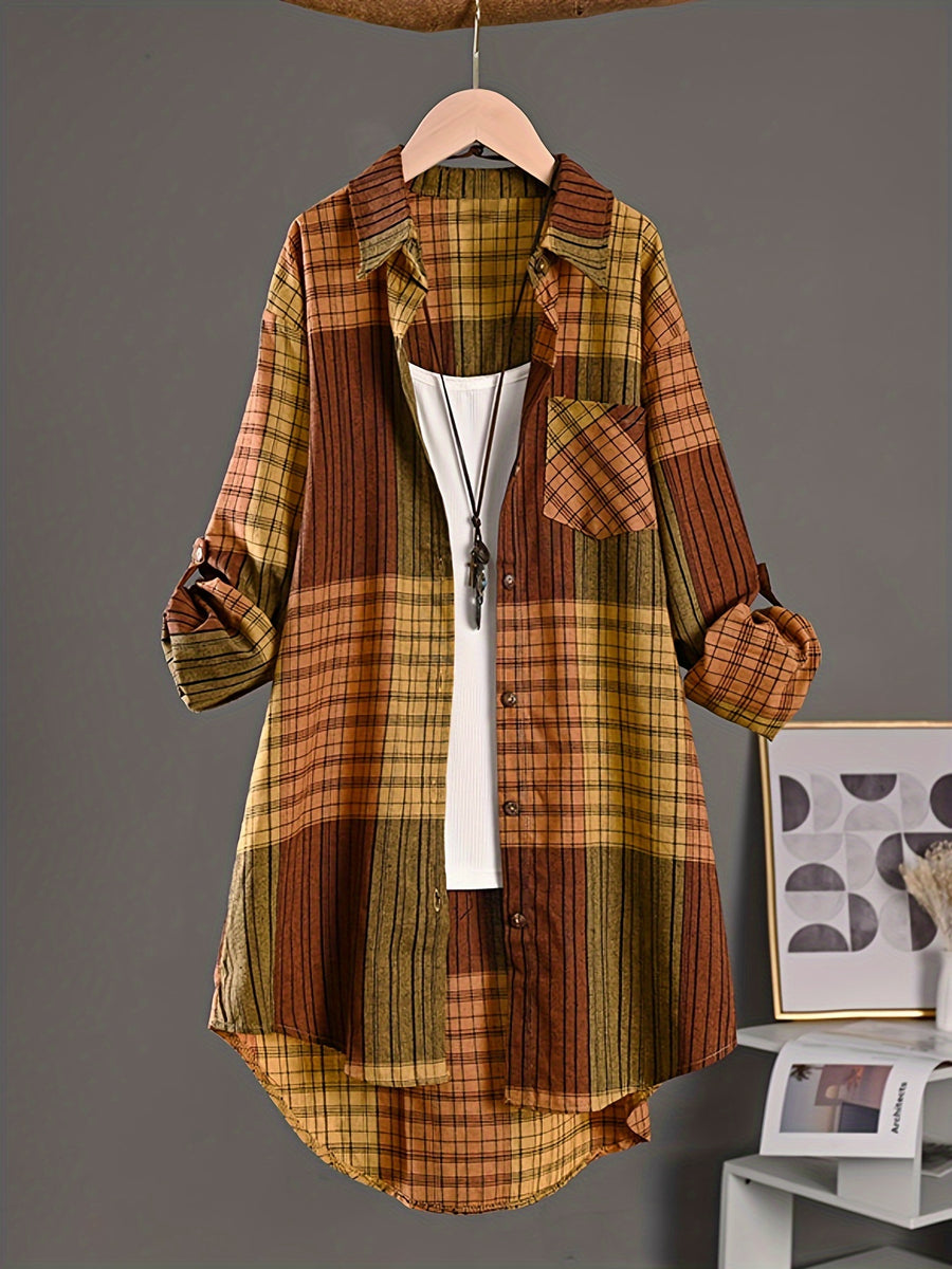 Elegant Special, Casual Vintage Mid-Length Shirt for Women, New Striped Plaid Loose Long Shirt, New Fashion Long Sleeve Women's Shirt - Dark Brown