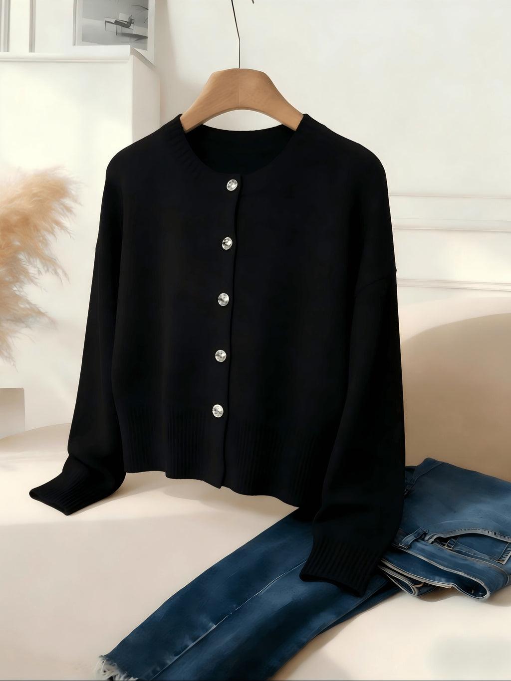 Cozy Women's Cardigan with Floral Button Accents, Soft Stylish Cardigan for Casual Daily Wear - Black