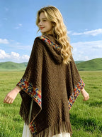 Women'S Cardigan - Autumn/Winter New Bohemian Ethnic Style Wavy Fringe Hooded Multicolor Jacket, Summer Women'S High-End Elegant Temperament Air-Conditioned Room Casual All-Match Cape Scarf, Suitable for Travel, Vacation, Photoshoot, Casual Wear - Coffee Color