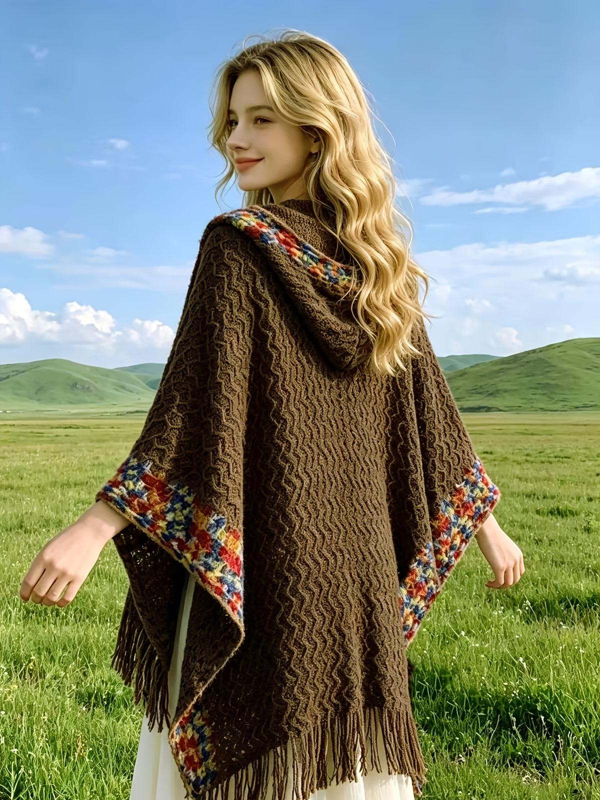 Women'S Cardigan - Autumn/Winter New Bohemian Ethnic Style Wavy Fringe Hooded Multicolor Jacket, Summer Women'S High-End Elegant Temperament Air-Conditioned Room Casual All-Match Cape Scarf, Suitable for Travel, Vacation, Photoshoot, Casual Wear - Coffee Color