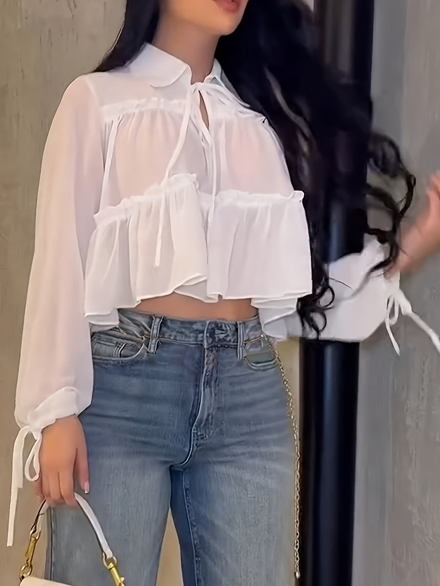 Elegant Special French-Style Gentle Tone Solid Color Lapel Tie Ruffle Short Chiffon Blouse for Women, Spring/Summer Outfit, Suitable for Daily Outings, Commuting, Dating, and Other Occasions ZLLZ - White