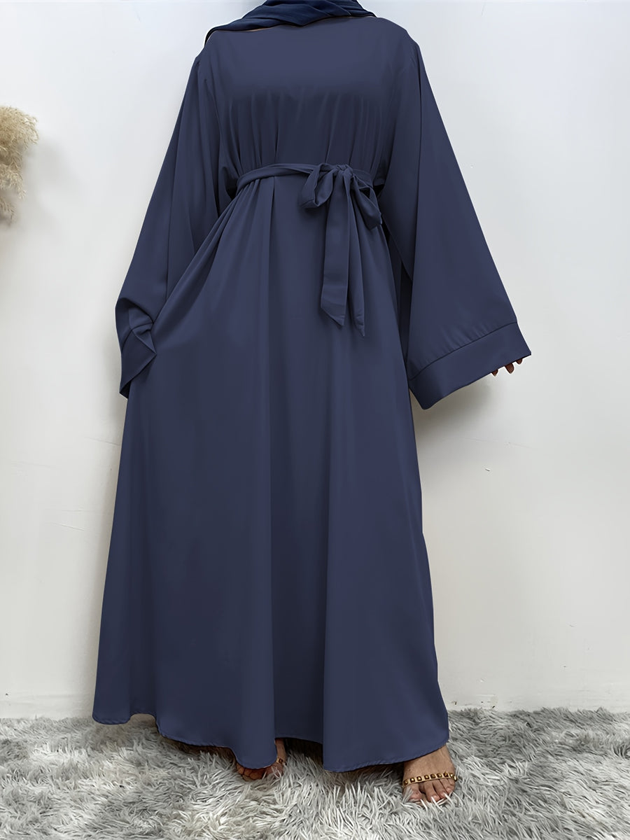 1pc Fashionable, Elegant, Comfortable, and Casual Wide-sleeved Abaya with Belt. Solid Color Suitable for Daily Wear. Loose and Comfortable Women's Abaya Dress. Ferace Tesettür Clothing, Women's Abayas for Muslim Women, Islamic Wear for Women - Navy Color