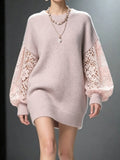 Women' Lace Patchwork Sweater Dress - Soft Hollow-Out Midi Dress with Round Neck & Lantern Sleeves, Bodycon Suitable for Fall/Winter Dates, -Compatible for Body Types (No Chest Padding, Beltless) - Light Purple