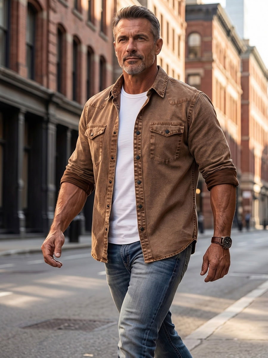 Spring/Autumn New Men'S Denim Shirt, Vintage Hand Wash Regular Fit, Casual Outerwear And Inner Layer Shirt, American Classic Men'S Collar Denim Shirt, Square Button Distressed Design, Salted Worker Style Bad Boy All-Match Long Sleeve Denim Top - Rust