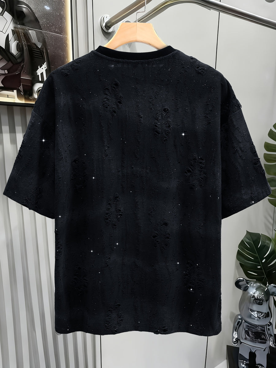 Textured Short Sleeve T-Shirt Black TUNNEL Letter Print Casual Street Style - Space Black