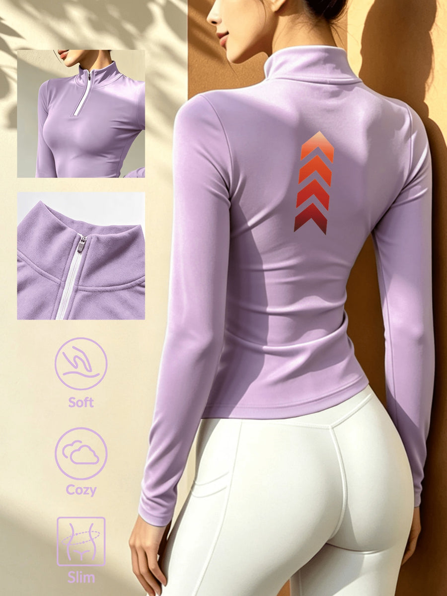 Women'S Solid Color Half-Zipper Long Sleeve Top, Waist-Cinching Warm T-Shirt - Taro Purple