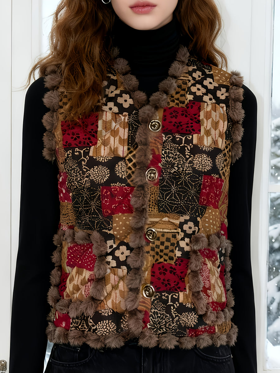 Autumn/Winter Women's Vintage Patchwork Plush-Trimmed Vest with Metal-Look Buttons, Classic Fashion, Versatile Daily Commute Style, Artistic Soft Romantic Aesthetic, Casual Comfortable Lightweight Warm Plush-Lined Vest Jacket - Mixed colors