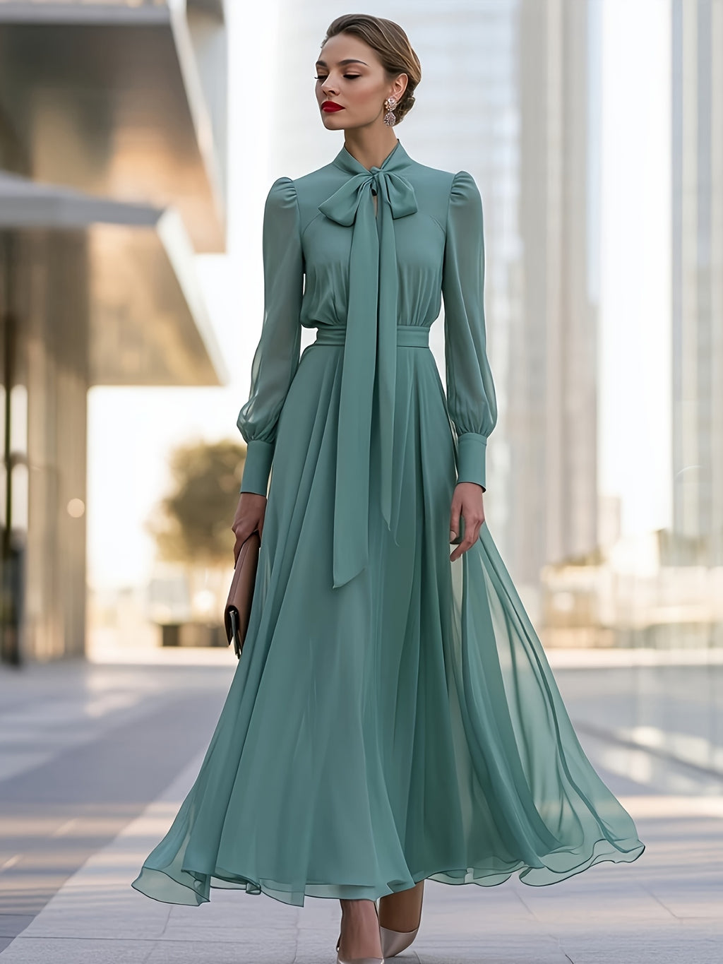 Women'S Elegant Retro Chiffon Bow Neck Long Sleeve A-Line Flowing Maxi Dress, Suitable for Weddings, Dates, Parties, Ceremonies, Evening Events, Office Wear, Casual Outfits - Green