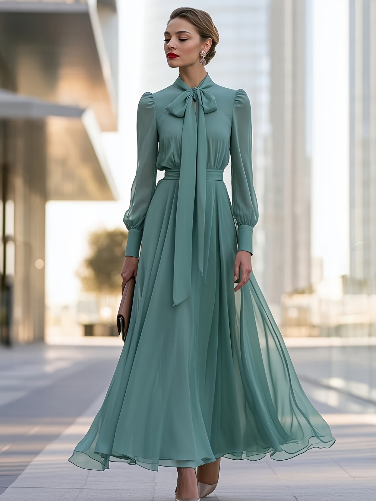 Women'S Elegant Retro Chiffon Bow Neck Long Sleeve A-Line Flowing Maxi Dress, Suitable for Weddings, Dates, Parties, Ceremonies, Evening Events, Office Wear, Casual Outfits - Green