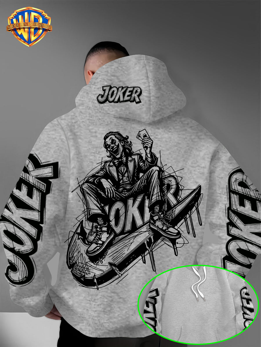 Authorized by Warner Bros., Joker Graffiti Style Print, Hat Design Pattern, Multi-Functional Street Style Men'S Hoodie, Comfortable Casual, Suitable for Autumn And Winter - Light Grey