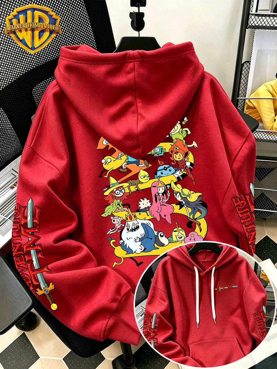 Warner Bros Official Adventure Time Letter B Full Cast All-Around Cartoon Print Hooded Sweatshirt - Men's Casual Versatile Sweatshirt, Comfortable Autumn/Winter Wear, Ideal for Sports, Outdoors, Outings, Travel, and Daily/Commute/Home Use - Red