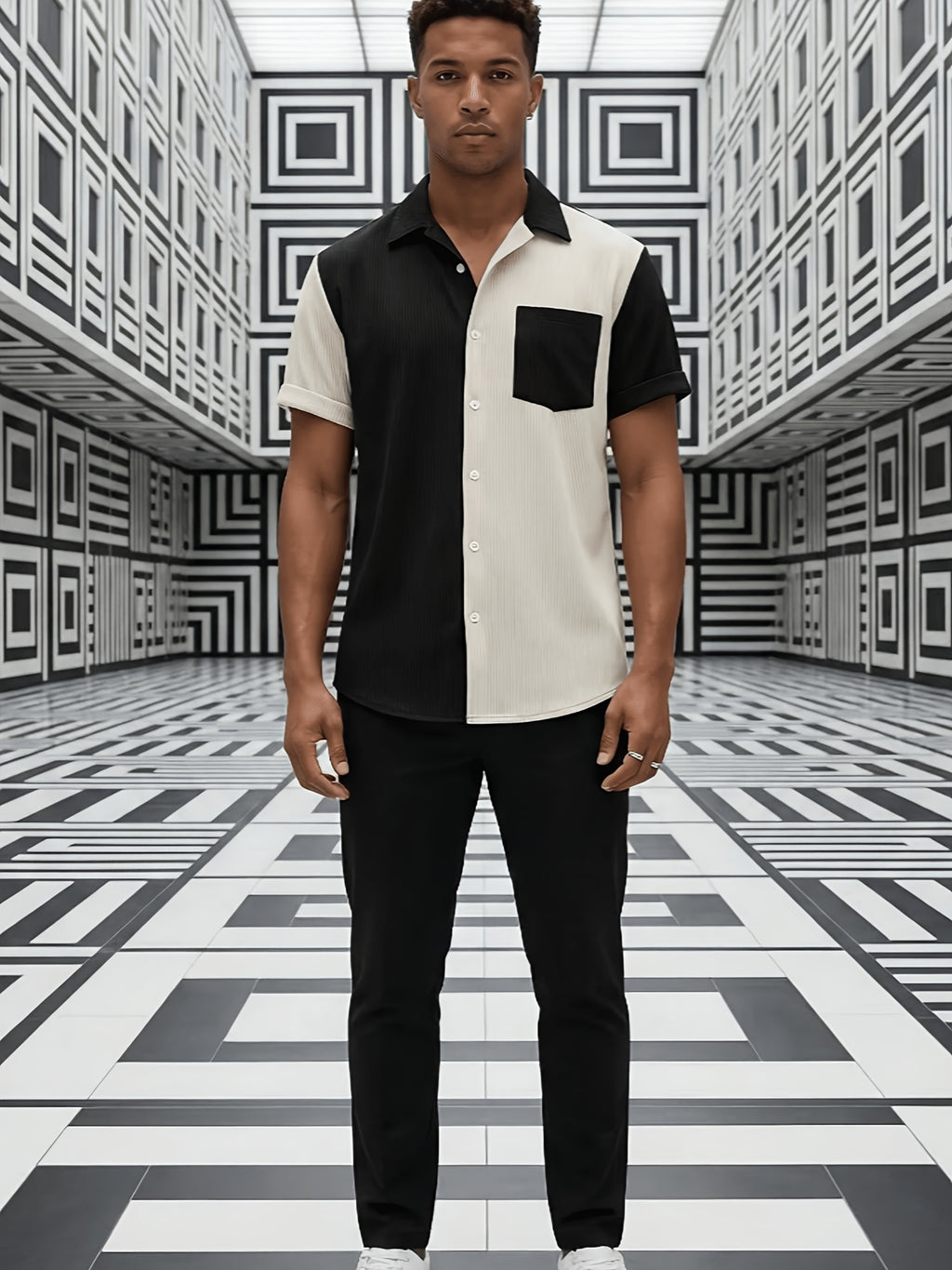 Men's Corduroy Patchwork Short-Sleeve Shirt - Black