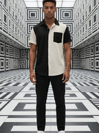 Men's Corduroy Patchwork Short-Sleeve Shirt - Black