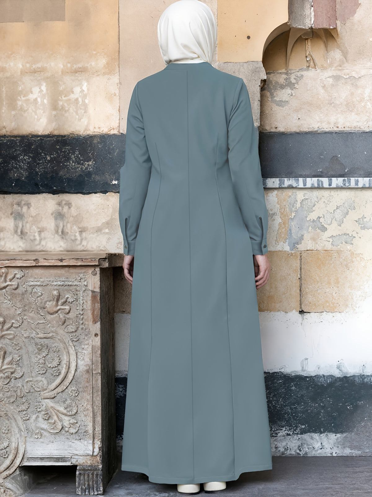 Spring/Autumn New Plain -Like Multi-Button Long Sleeve Women's Abayas - Light Army Blue