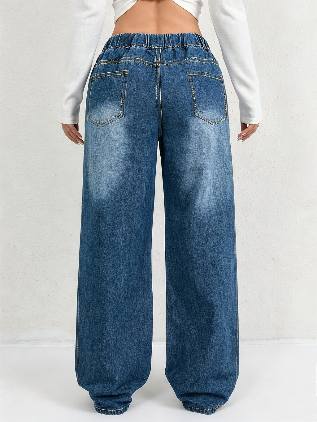1pc Women's Casual Versatile Loose-Fit Comfortable Jeans, Suitable for All Seasons/Daily Commuting. Features an Elastic Waistband with Drawstring, Non-Stretch Wide-Leg Straight-Leg Denim Pants - Medium Blue