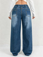 1pc Women's Casual Versatile Loose-Fit Comfortable Jeans, Suitable for All Seasons/Daily Commuting. Features an Elastic Waistband with Drawstring, Non-Stretch Wide-Leg Straight-Leg Denim Pants - Medium Blue