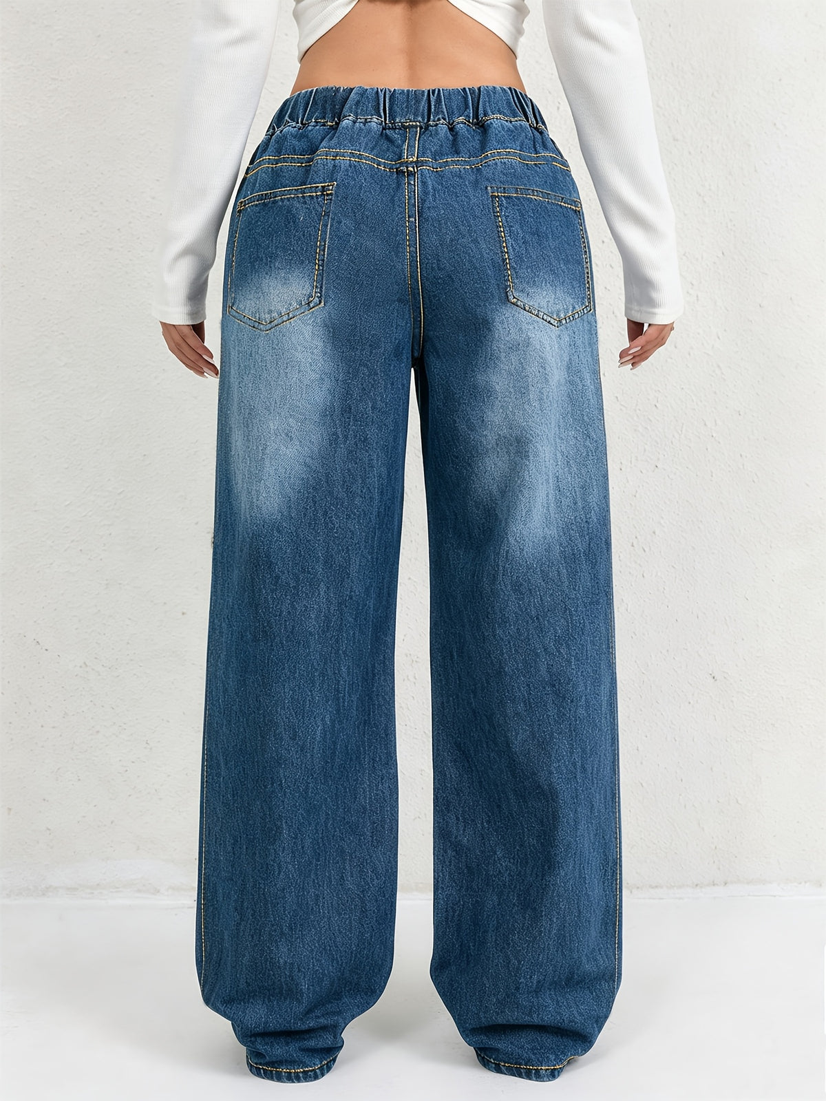 1pc Women's Casual Versatile Loose-Fit Comfortable Jeans, Suitable for All Seasons/Daily Commuting. Features an Elastic Waistband with Drawstring, Non-Stretch Wide-Leg Straight-Leg Denim Pants - Medium Blue